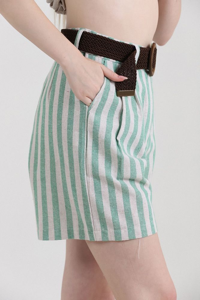 Striped Belted Linen Shorts - Topshow - Globality Store - Women Clothes Wholesale Turkey
