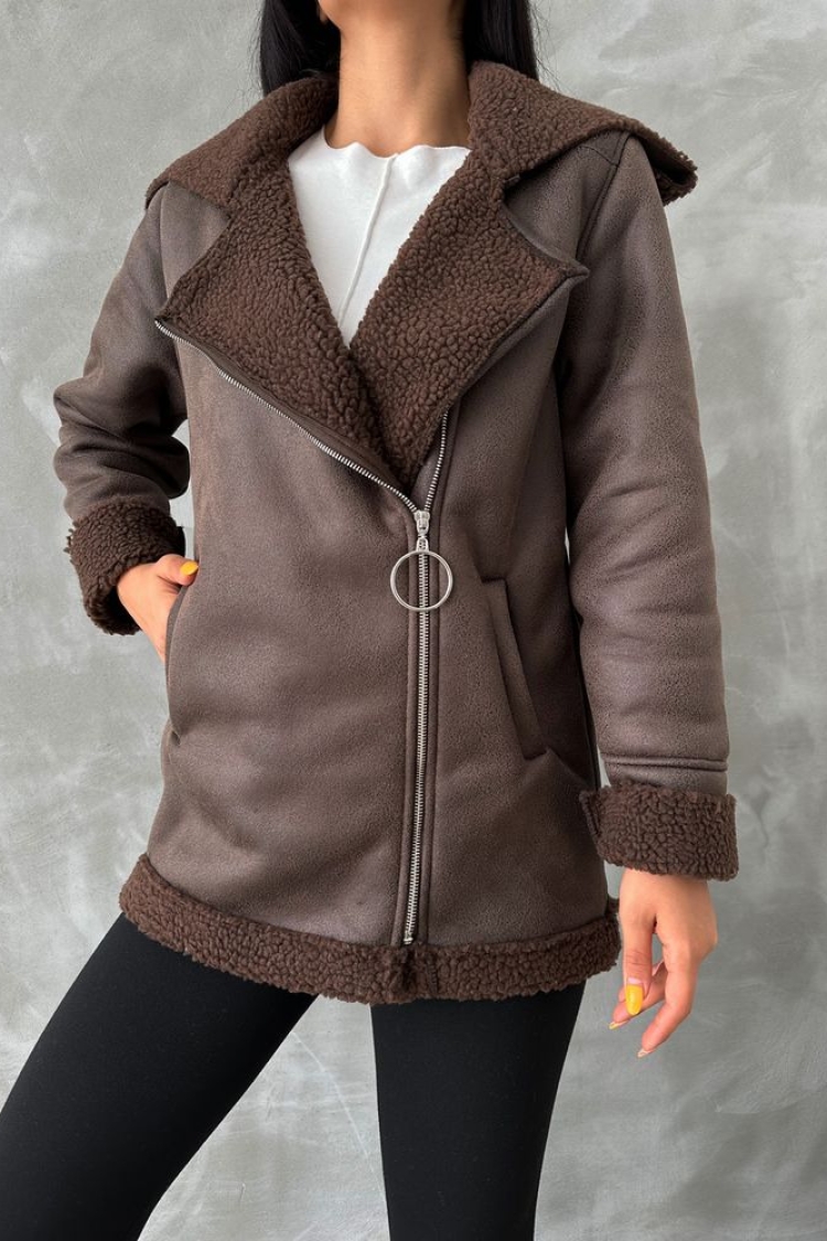 Zippered Leather Coat With Fur Collar