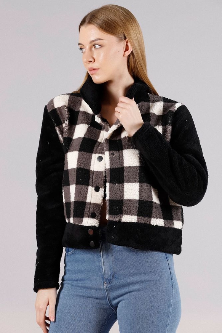 Black Checkerboard Fleece Snap Jacket - Topshow - Globality Store - Women Clothes Wholesale Turkey