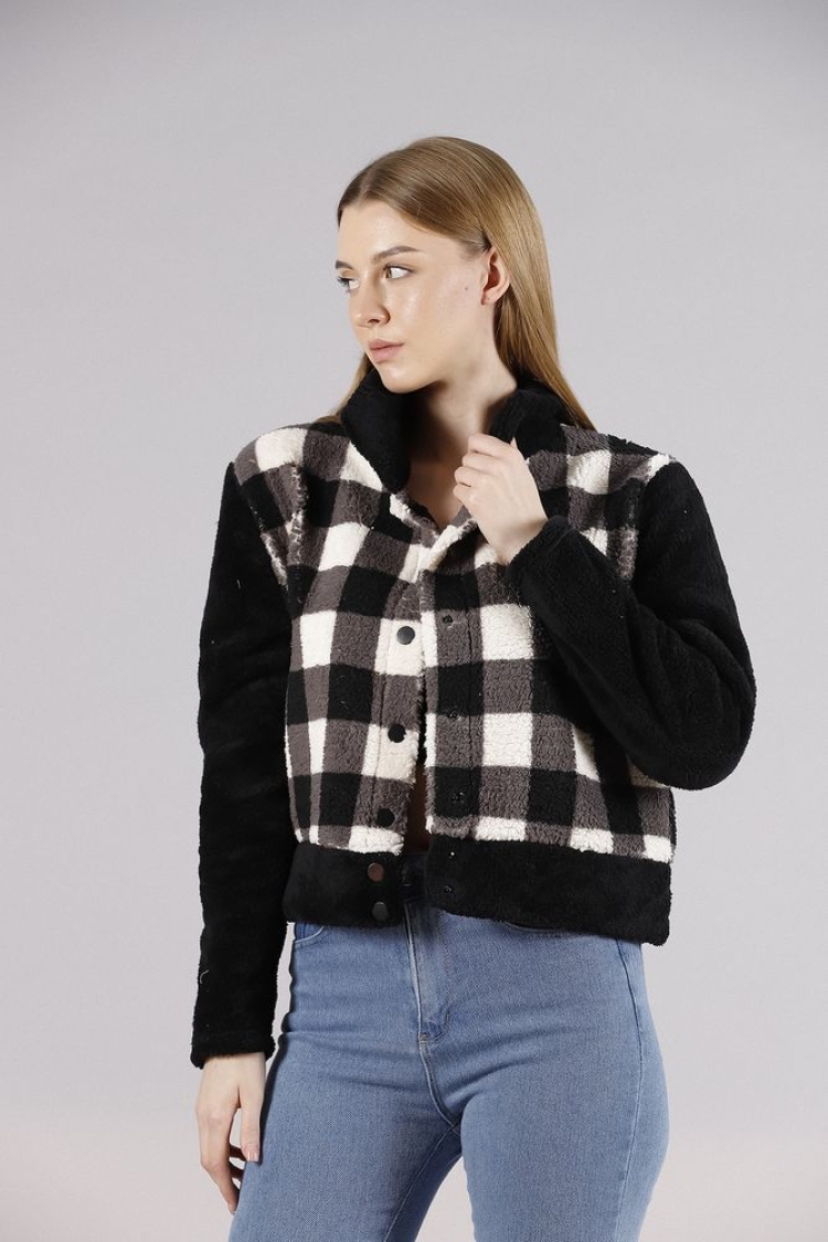 Black Checkerboard Fleece Snap Jacket