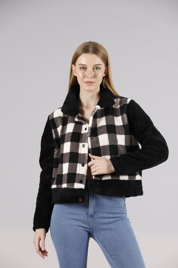 Black Checkerboard Fleece Snap Jacket
