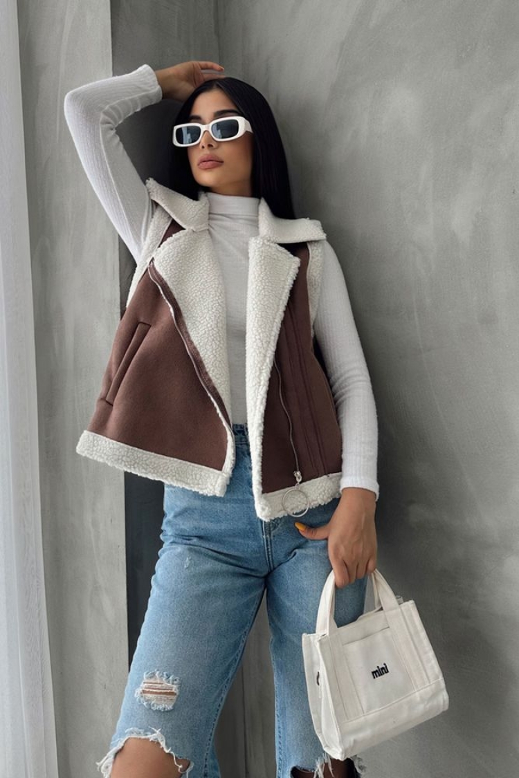TanSuede Fur Collar Vest - Topshow - Globality Store - Women Clothes Wholesale Turkey