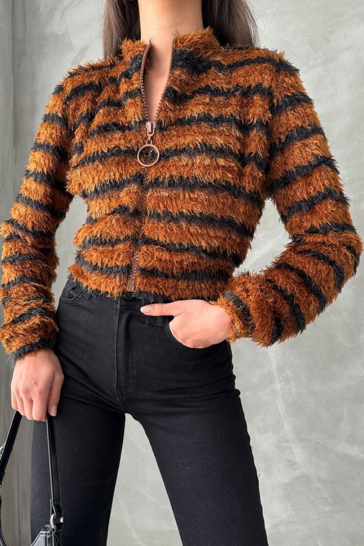 Brown Black Striped Zippered Plush Coat - Topshow - Globality Store - Women Clothes Wholesale Turkey