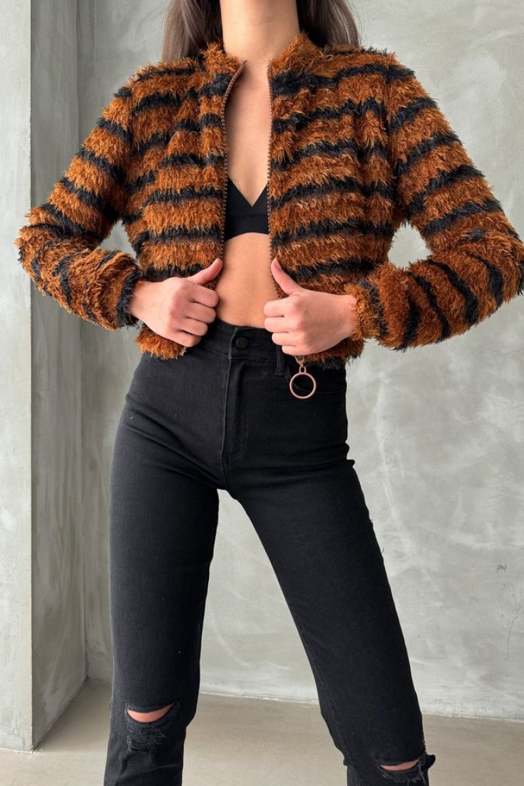 Brown Black Striped Zippered Plush Coat