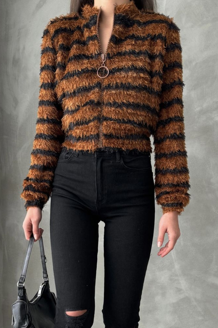 Brown Black Striped Zippered Plush Coat