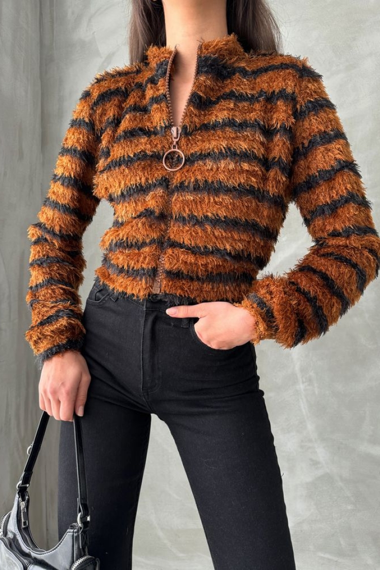 Brown Black Striped Zippered Plush Coat