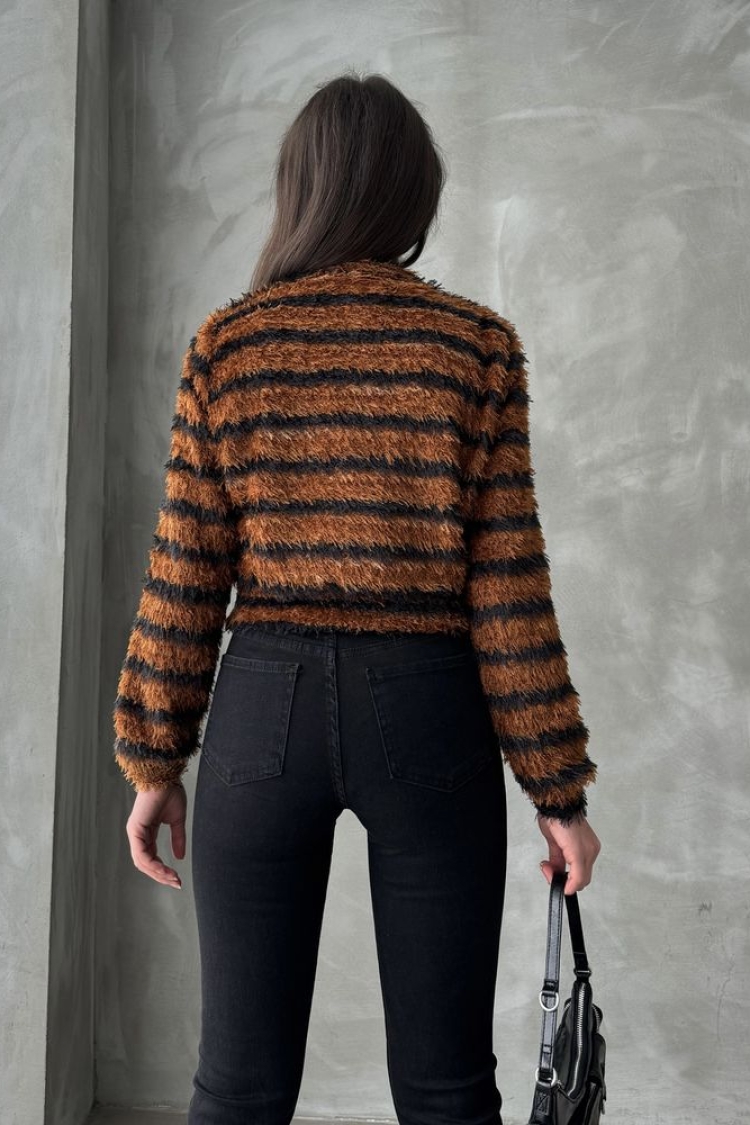 Brown Black Striped Zippered Plush Coat