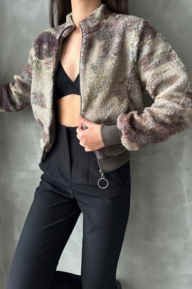 Camouflage Patterned Plush Coat - Topshow - Globality Store - Women Clothes Wholesale Turkey