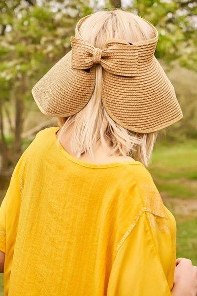 Wide Open Top Straw Visor Hat With Bow