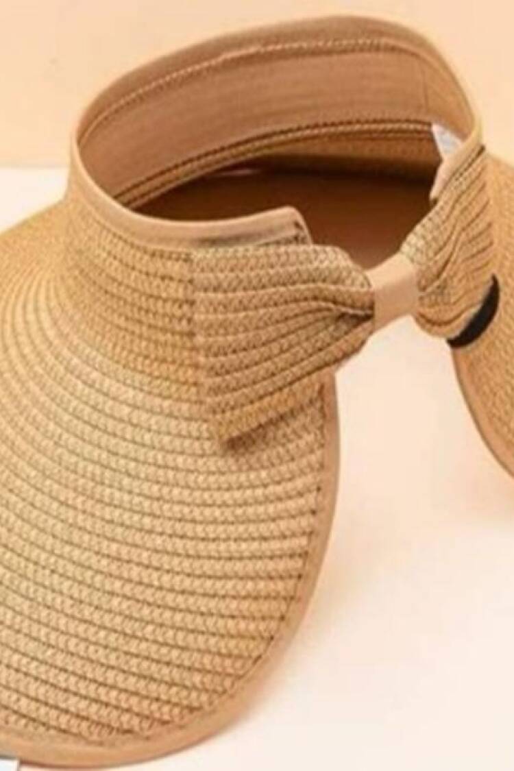 Wide Open Top Straw Visor Hat With Bow