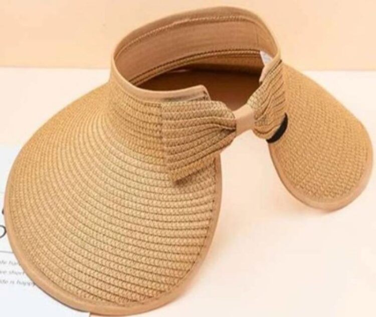 Wide Open Top Straw Visor Hat With Bow