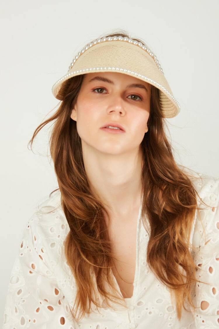 Pearl Stone Straw Open Top Visor Tennis Hat