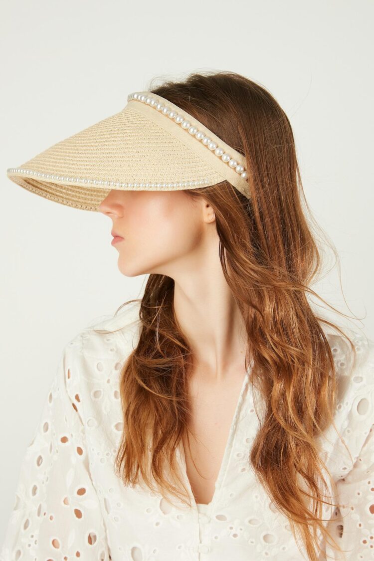 Pearl Stone Straw Open Top Visor Tennis Hat