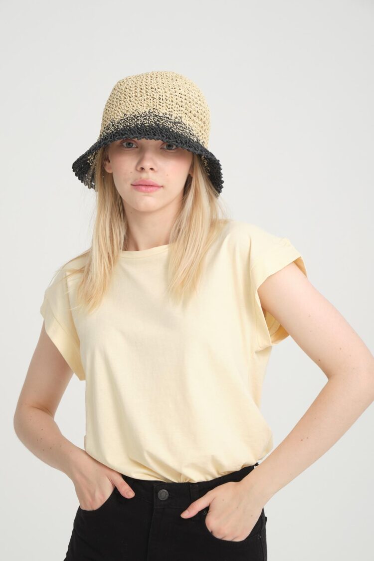 Hand Knitted Black Straw Hat