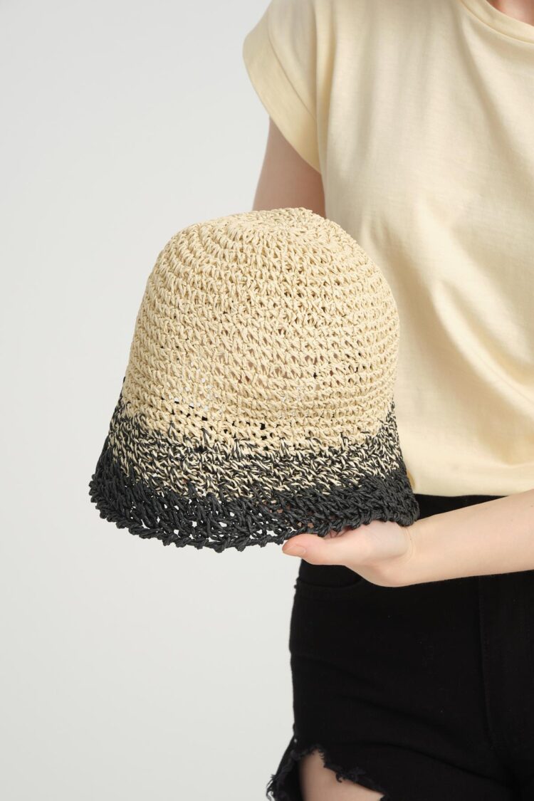 Hand Knitted Black Straw Hat