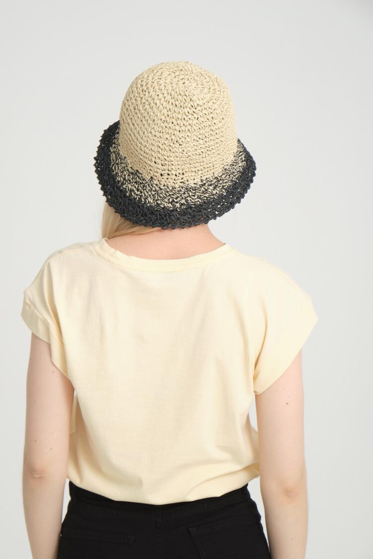 Hand Knitted Black Straw Hat