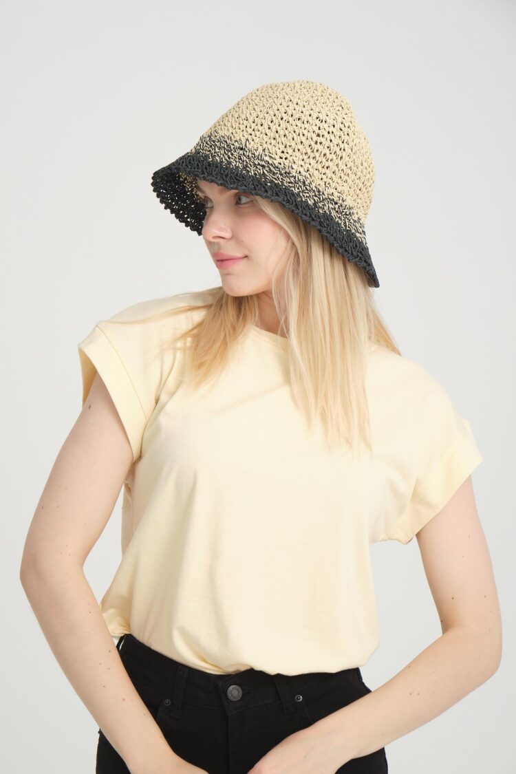 Hand Knitted Black Straw Hat