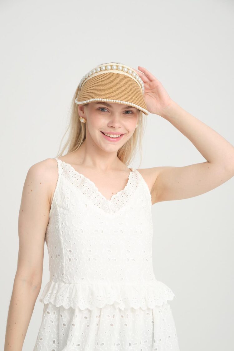 Pearl Stone Straw Open Top Visor Tennis Hat - Brand: Axesoire - Women's Clothing Wholesale - Globality Store