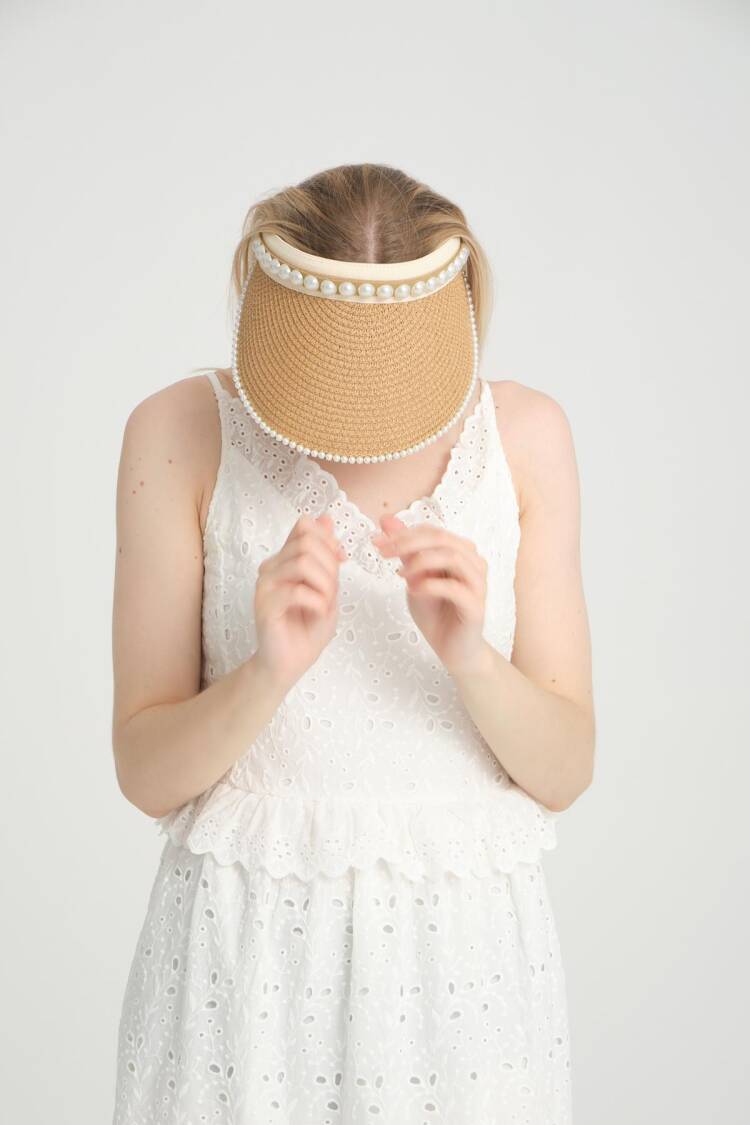Pearl Stone Straw Open Top Visor Tennis Hat