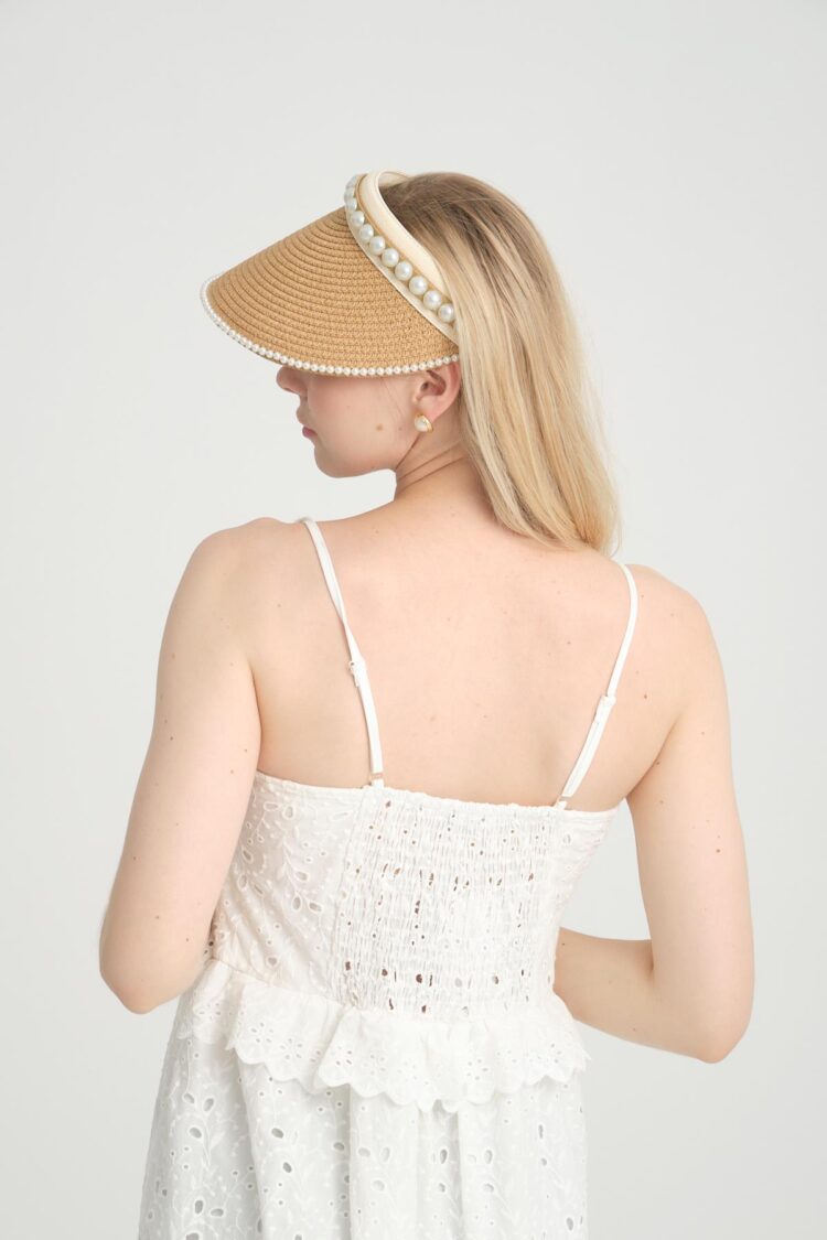 Pearl Stone Straw Open Top Visor Tennis Hat