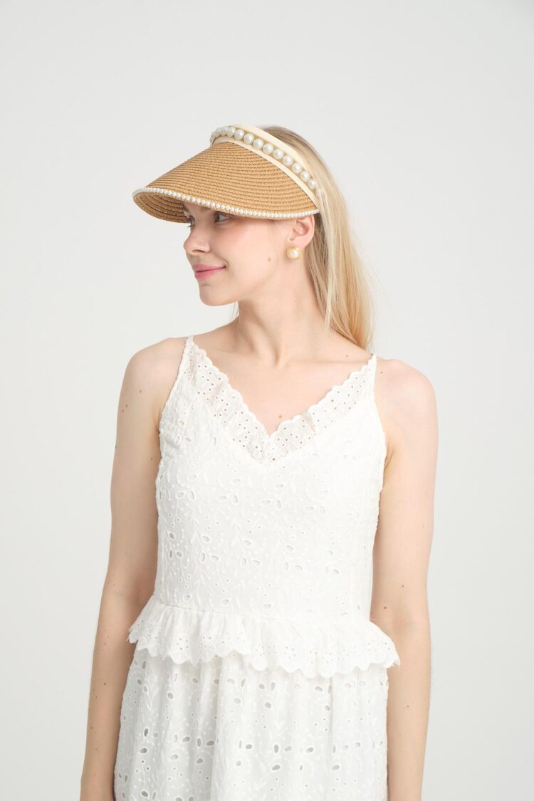 Pearl Stone Straw Open Top Visor Tennis Hat