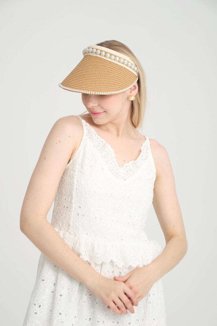 Pearl Stone Straw Open Top Visor Tennis Hat