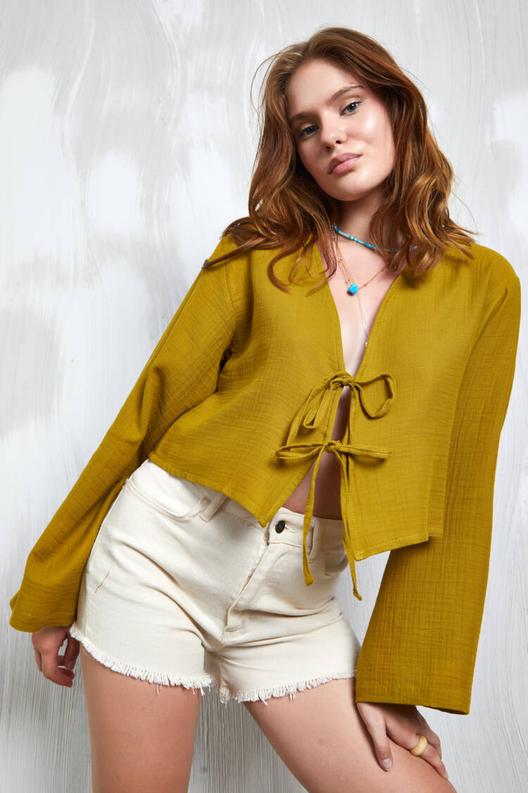 Oil Green Muslin Fabric Front Tie Blouse 27355 - Brand: First Angels - Women's Clothing Wholesale - Globality Store