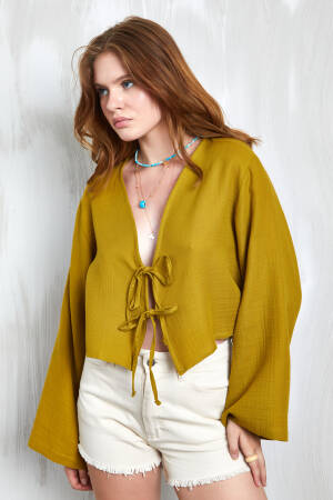 Oil Green Muslin Fabric Front Tie Blouse 27355 - Brand: First Angels - Women's Clothing Wholesale - Globality Store