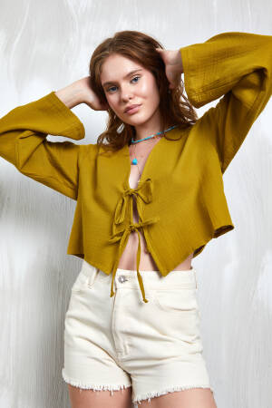 Oil Green Muslin Fabric Front Tie Blouse 27355 - Brand: First Angels - Women's Clothing Wholesale - Globality Store