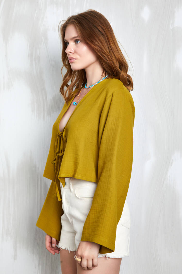 Oil Green Muslin Fabric Front Tie Blouse 27355