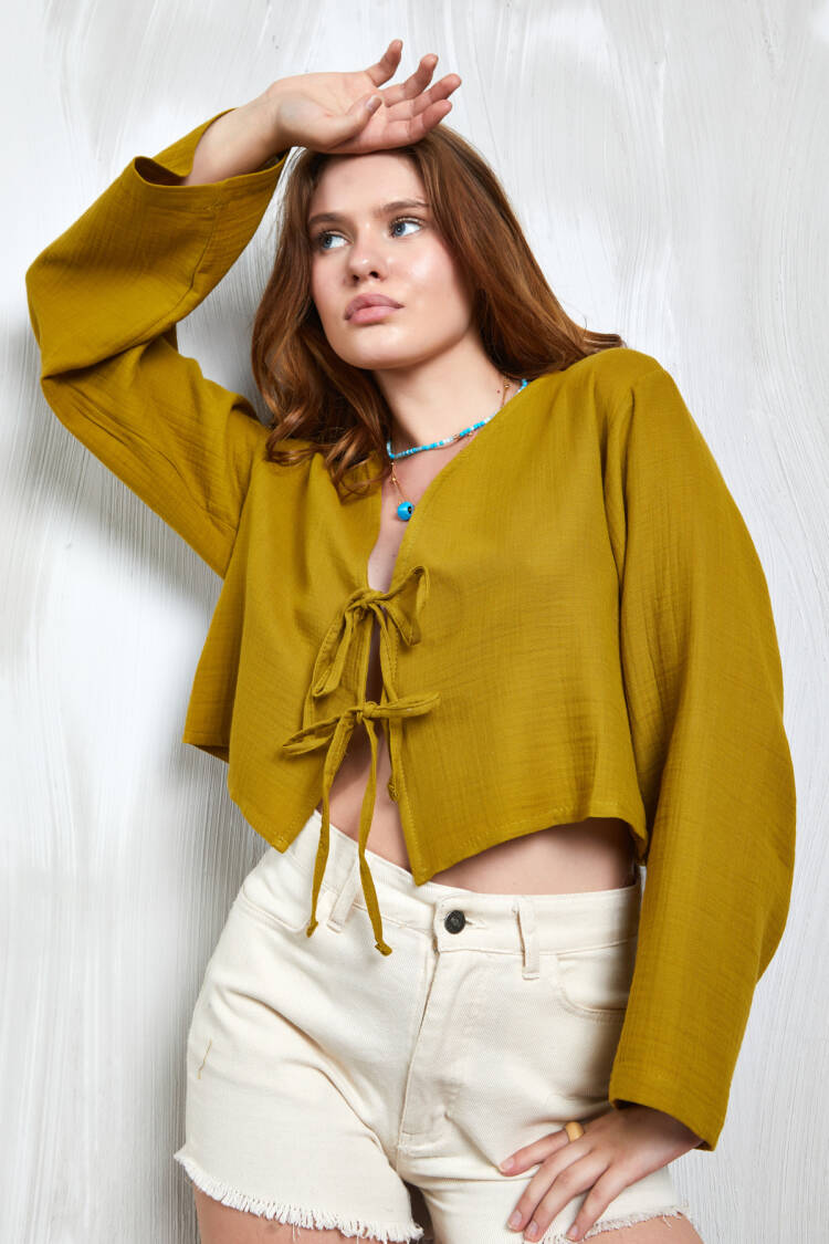 Oil Green Muslin Fabric Front Tie Blouse 27355