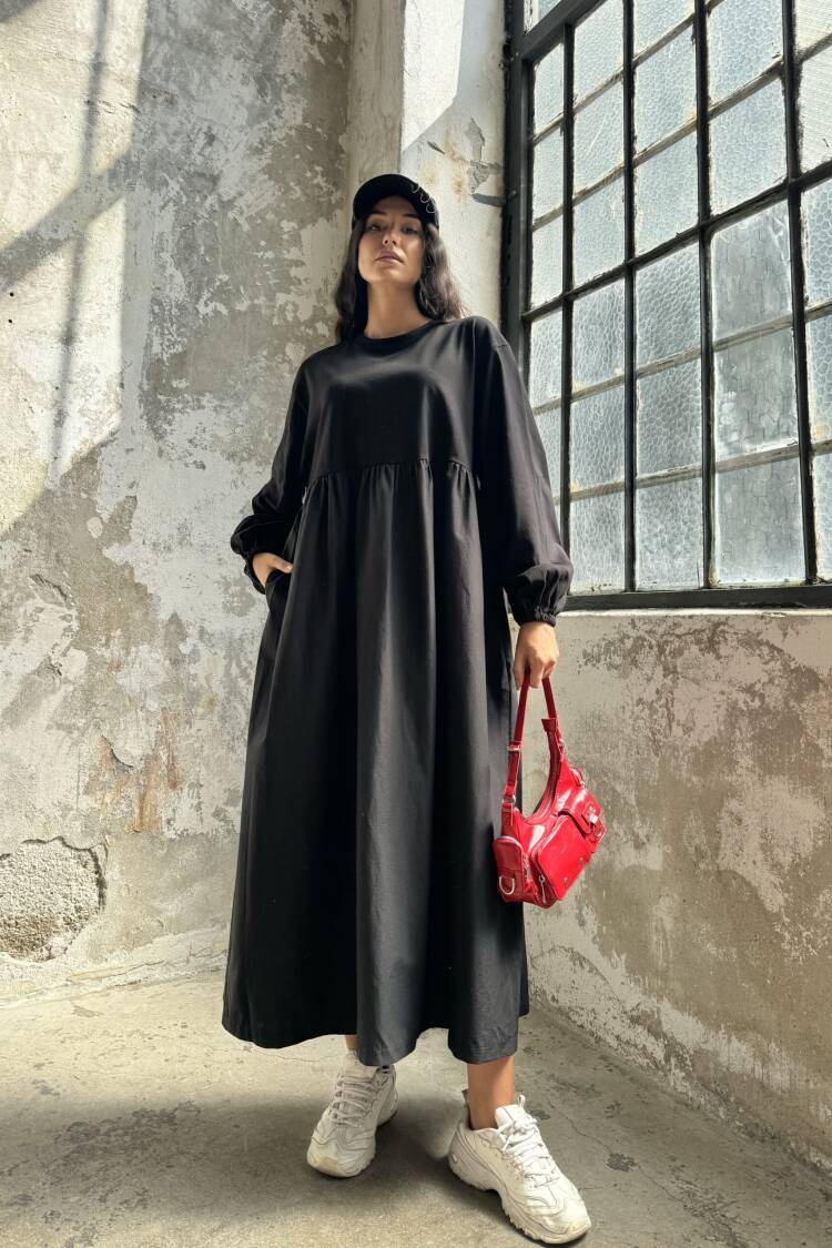 Cotton Top And Woven Bottom Oversize Long Sleeve Long Dress