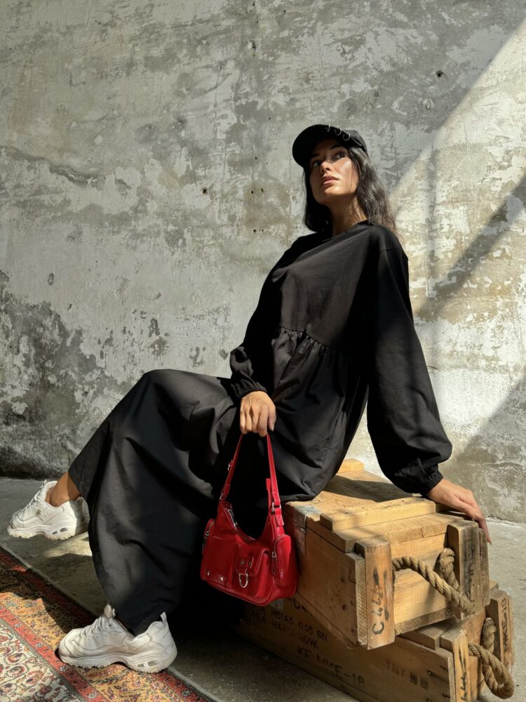 Cotton Top And Woven Bottom Oversize Long Sleeve Long Dress