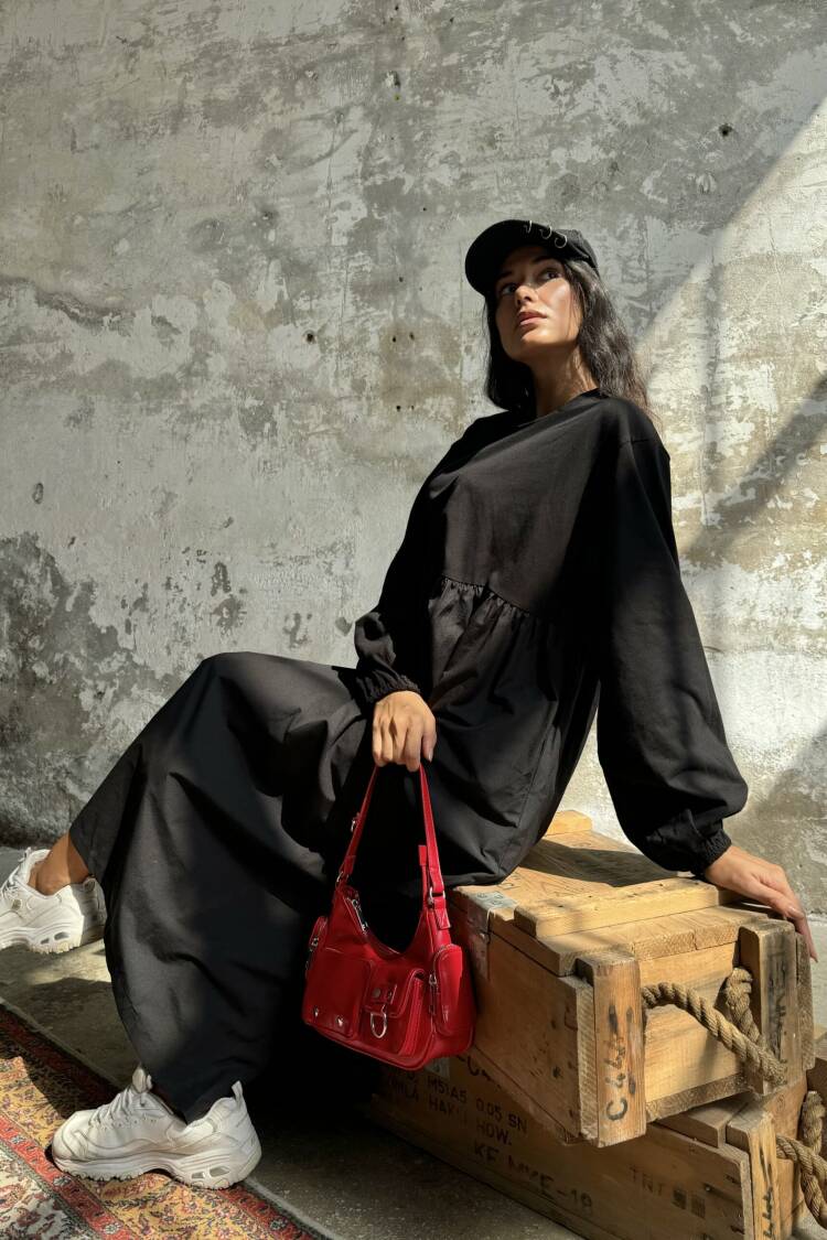 Cotton Top And Woven Bottom Oversize Long Sleeve Long Dress