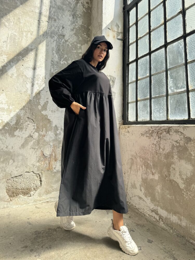 Cotton Top And Woven Bottom Oversize Long Sleeve Long Dress