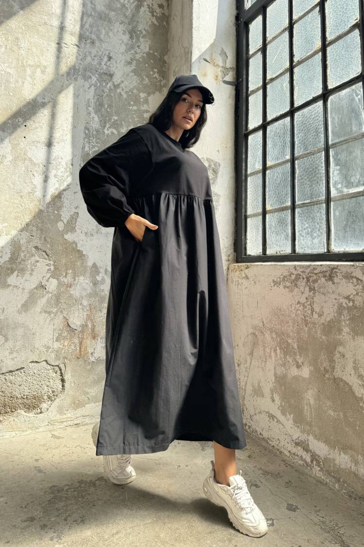 Cotton Top And Woven Bottom Oversize Long Sleeve Long Dress