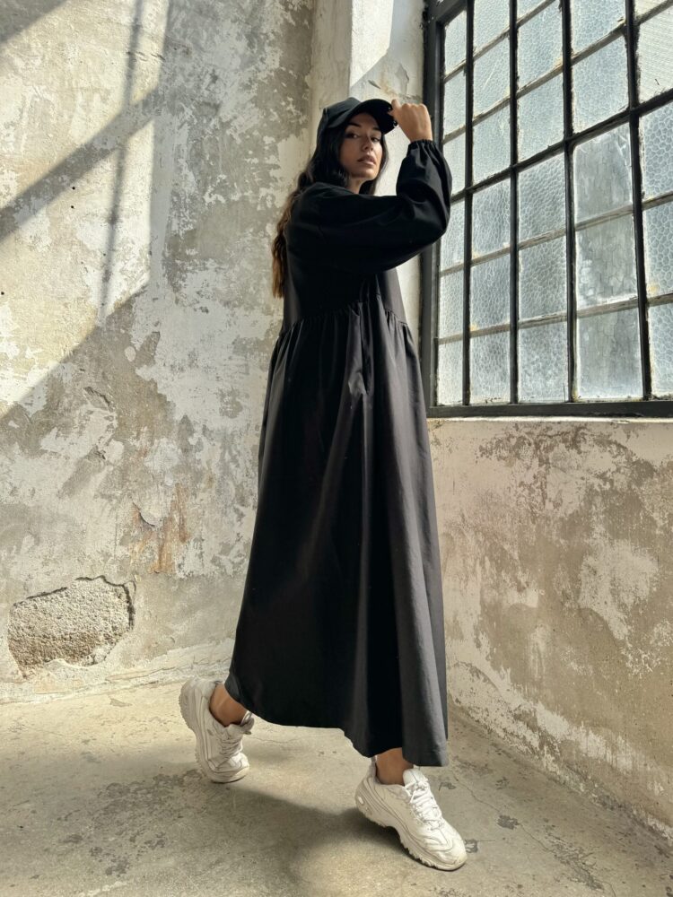 Cotton Top And Woven Bottom Oversize Long Sleeve Long Dress