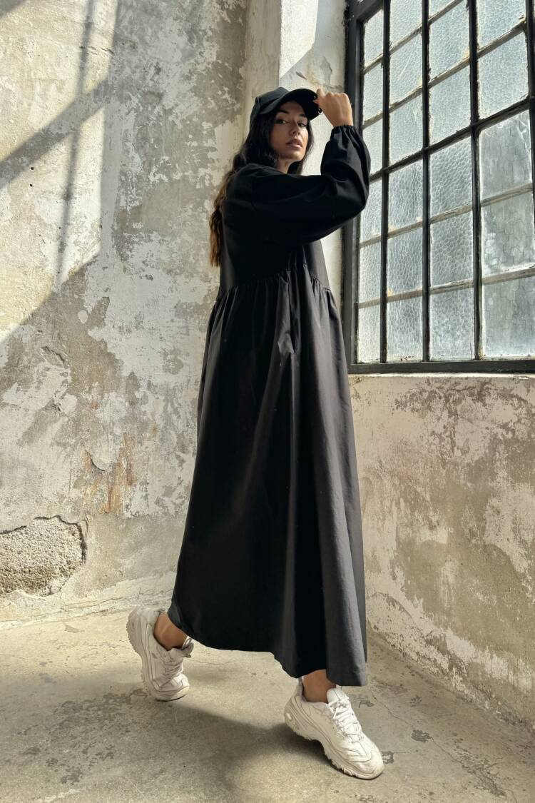Cotton Top And Woven Bottom Oversize Long Sleeve Long Dress