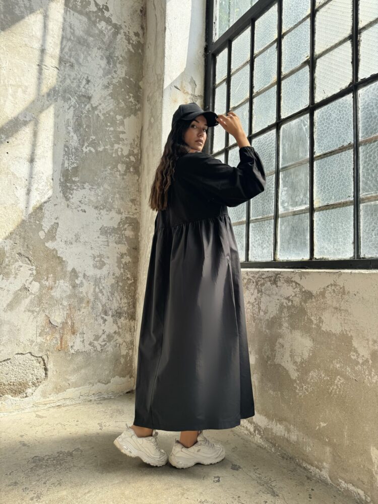 Cotton Top And Woven Bottom Oversize Long Sleeve Long Dress