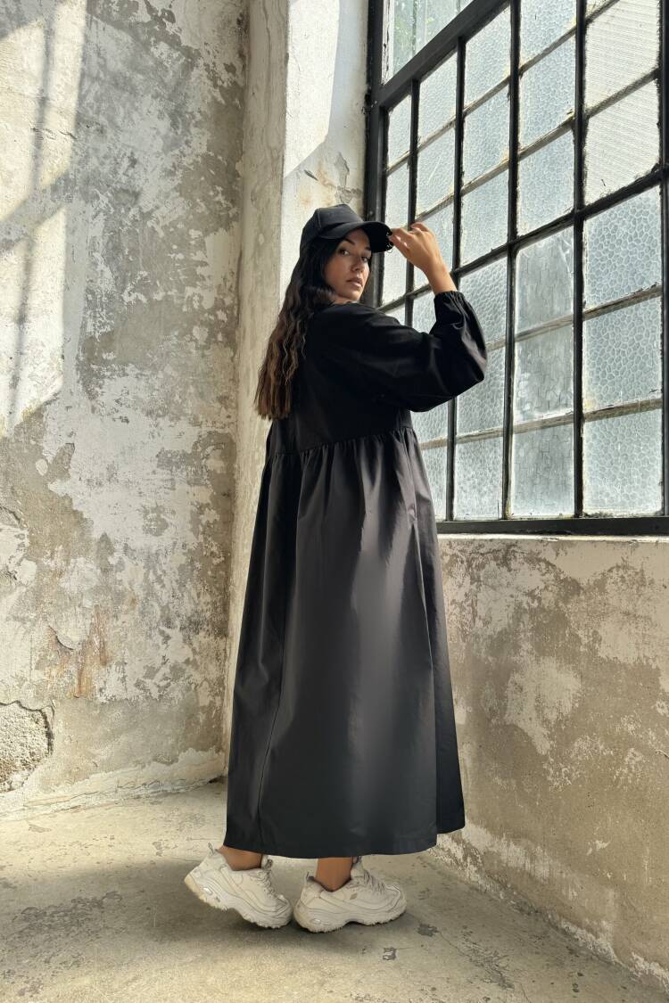 Cotton Top And Woven Bottom Oversize Long Sleeve Long Dress