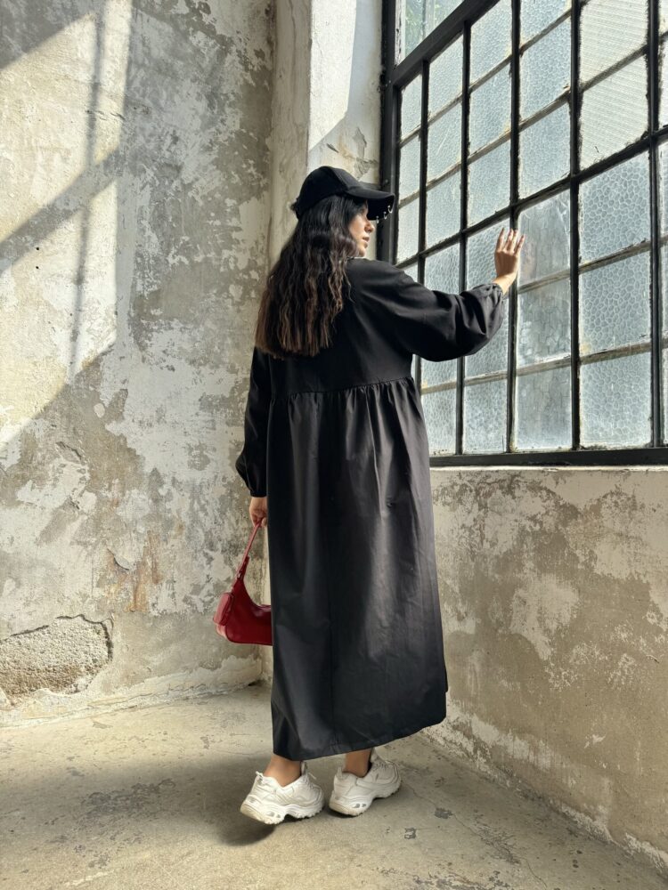 Cotton Top And Woven Bottom Oversize Long Sleeve Long Dress