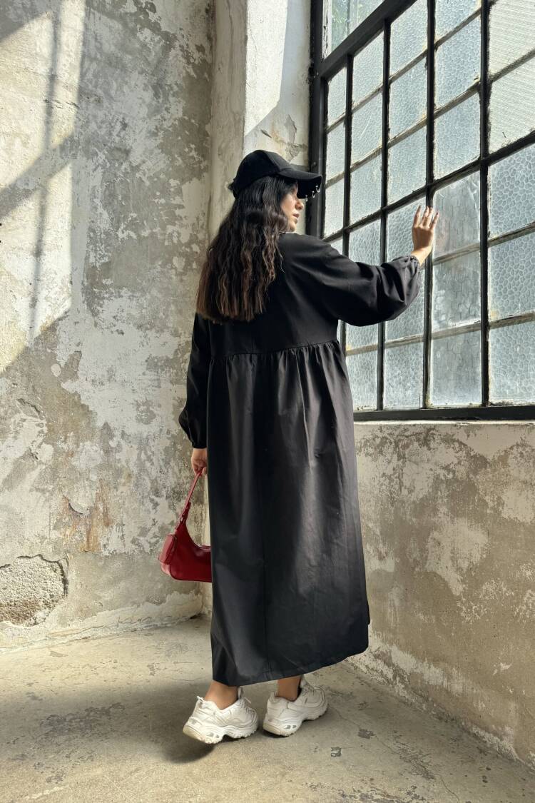 Cotton Top And Woven Bottom Oversize Long Sleeve Long Dress