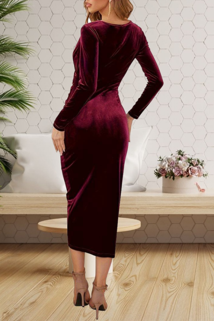 Women's Long Sleeve Double Breasted Waist Gather Detail Midi Velvet Dress