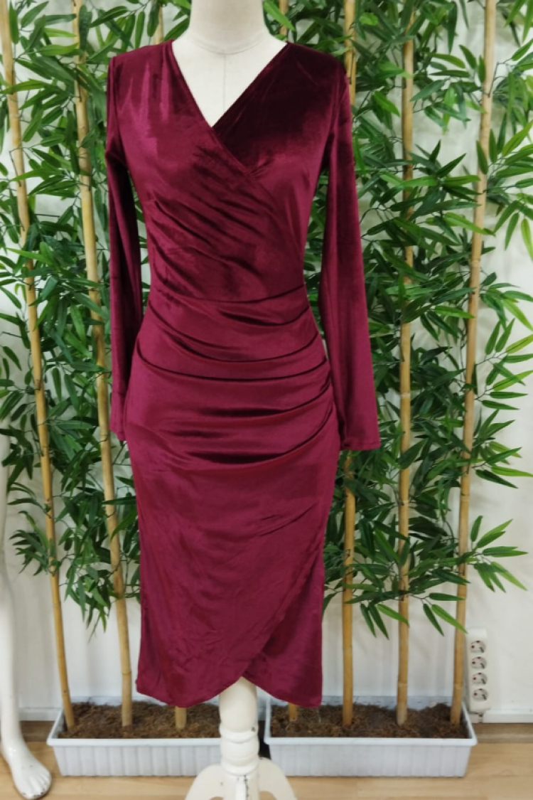 Women's Long Sleeve Double Breasted Waist Gather Detail Midi Velvet Dress