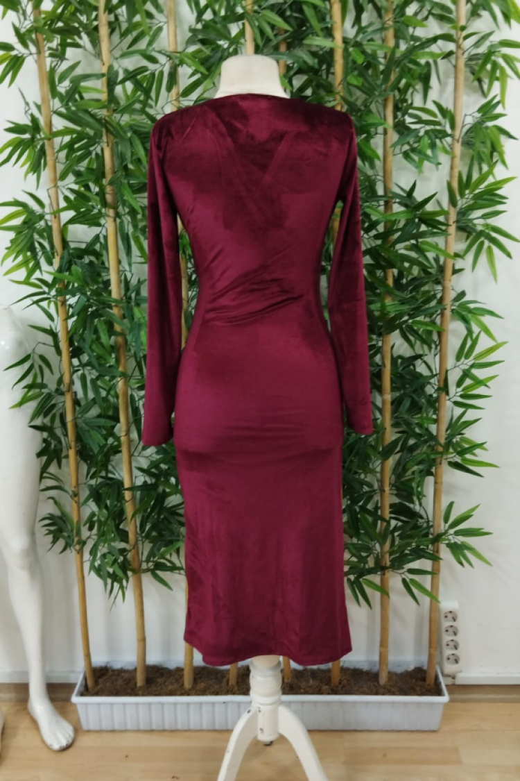 Women's Long Sleeve Double Breasted Waist Gather Detail Midi Velvet Dress