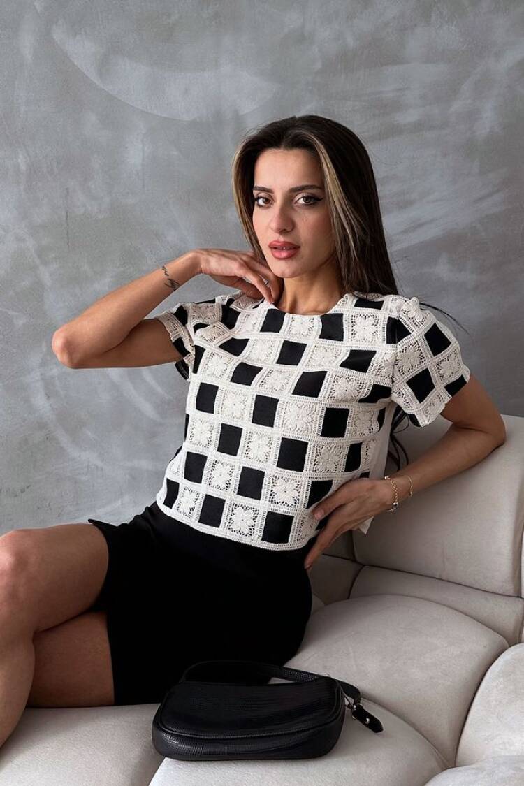 Short Sleeve Checkerboard Pattern Blouse -& White - Brand: Topshow - Women's Clothing Wholesale - Globality Store