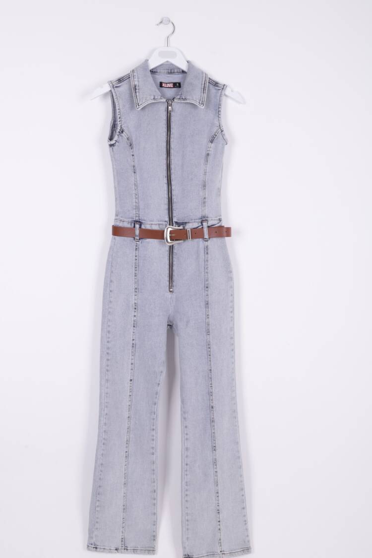 Sleeveless Zippered Denim Overalls With Cups