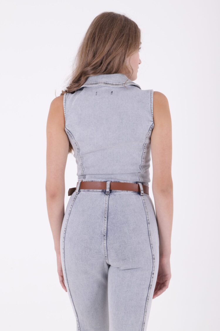 Sleeveless Zippered Denim Overalls With Cups