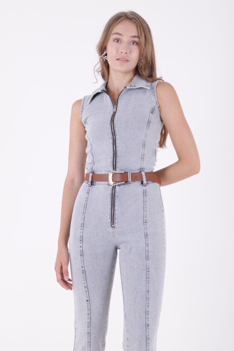Sleeveless Zippered Denim Overalls With Cups