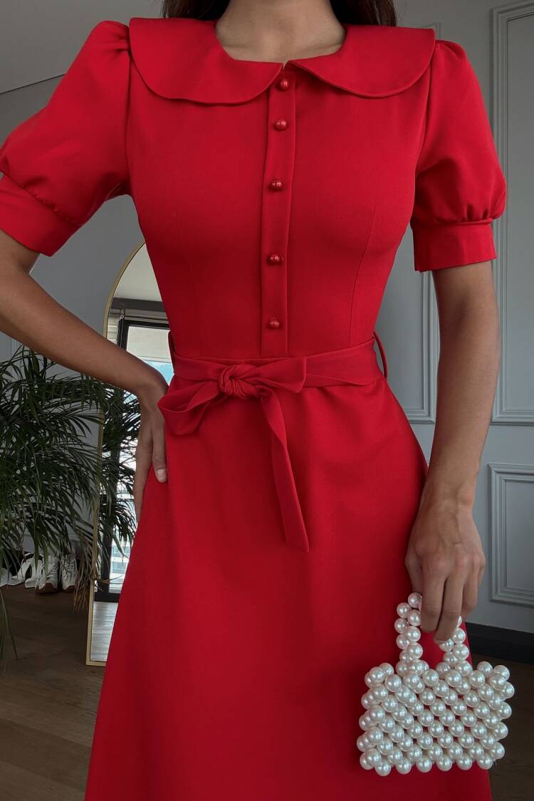 Baby Collar Belted Midi Dress - Brand: Miss Janell - Women's Clothing Wholesale - Globality Store